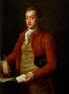 Porträt des Hon. Lionel Damer, Halbfigur in rotem Mantel mit grauer Weste und weißem Krawatt, hält ein Papier und eine Feder von Pompeo Girolamo Batoni