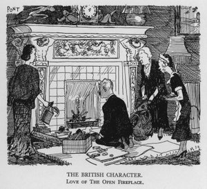Der britische Charakter; Liebe zum offenen Kamin (Lithographie) von Pont