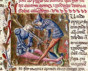 Schlacht zwischen Martin Gomez und El Cid (ca. 1043-99) aus Chroniken von Spanien, 1344 von Portuguese School