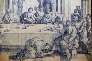 Kirche der Barmherzigkeit. Azulejos. Jesus wird von einer sündigen Frau gesalbt in Lukas 7:36-50. Evora. Portugal. von Portuguese School
