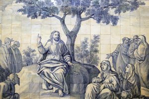 Kirche der Barmherzigkeit. Azulejos. Die Bergpredigt. Jesus. Evora. Portugal.