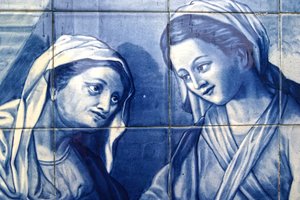 Detail von Maria trifft die Wirtin, Dekoratives Paneel, das Maria und Josef bei der Ankunft im Gasthaus darstellt, Lamego, Portugal. 1738 von Portuguese School