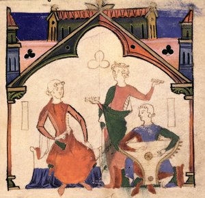 Fol.4r Musiker spielen Kastagnetten und ein Psalterium, aus dem Chansonnier des Nobles
