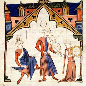 Fol.6r Musiker spielen eine Viola und ein Tamburin, aus dem Chansonnier des Nobles von Portuguese School