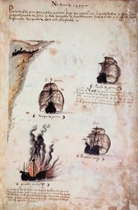 Manuskriptseite „Denkwürdigkeiten der Armadas von Portugal unter König Manuel I. (1469-1521)“, die die portugiesischen Flotten des Jahres 1497 darstellen von Portuguese School