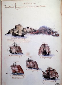 Manuskriptseite „Erinnerungen an die Armadas von Portugal unter König Manuel I.“ (darstellend die portugiesischen Flotten des Jahres 1497) von Portuguese School