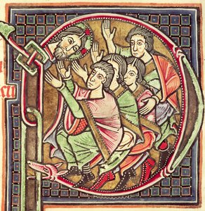 Ms 3088 fol.137r Historisierte Initiale P, die den Tod Josuas darstellt, aus einer Bibel, 12.-13. Jahrhundert von Portuguese School