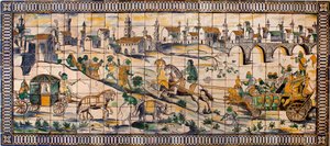 Singerie, die Hochzeit der Hühner - Fliesenpaneel, ca. 1665, von der alten Farm von Cadriceira, in Turcifal, Torres Vedras (Portugal) - Nationalmuseum der Azulejos, Lissabon (Portugal)