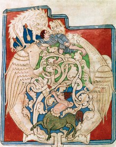 Initiale O mit Darstellung eines jagenden Zentauren. Miniatur aus „Das Alte Testament“ (Testamentum vetus) aus Santa Cruz de Coimbra. 12. Jahrhundert, Porto, Stadtbibliothek