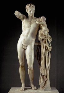 Griechische Kunst: Hermes und Dionysos als Kind - Marmorskulptur von Praxiteles (4. Jahrhundert v. Chr.) aus dem Tempel der Hera in Olympia, 330 v. Chr., Dim. 213 cm - Olympia, Archäologisches Museum