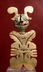 Präkolumbische Kunst, Quimbaya-Zivilisation (Kolumbien): anthropomorphe Statuette aus Gold. 400-1400 n. Chr. Bogotá, Museo de Oro, Kolumbien von Pre Columbian Pre Columbian