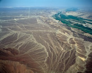Luftaufnahme der Nazca-Linien, die eine Vogelfigur darstellen