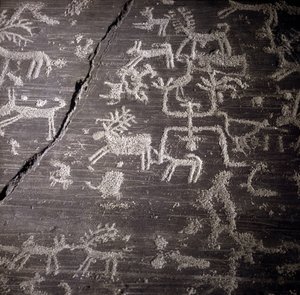 Zivilisation der Camunni, Vorgeschichte, Felskunst: Grabfelsen, Details des großen Felsens von Naquane, in Valcamonica. Museo archeologico di Mailand.