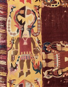 Präkolumbische Zivilisation: zeremonieller Amtsträger mit Maske. 300-100 v. Chr. Wandteppich aus Ica in Peru. Nationalmuseum für Archäologie von Lima, Peru von Prehistoric Prehistoric