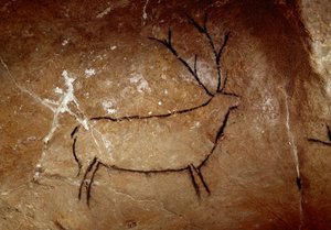Urgeschichte: ein Hirsch. Oberpaläolithische Höhlenmalerei (Magdalénien) (16.500 bis 14.000 Jahre vor heute). Steinzeit. Höhle von Las Chimeneas, Monte Castillo, Spanien