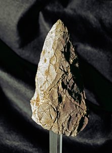 Urgeschichte: Amigdaloider Faustkeil aus Feuerstein. Unteres Paläolithikum. Aus Torrimpietra bei Rom. Rom, Museo Nazionale Preistorico Etnografico Luigi Pigorini, Italien