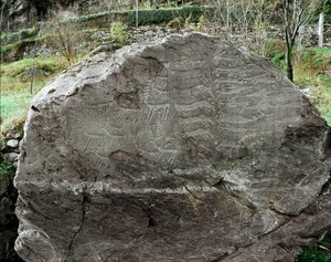 Vorgeschichte, Felskunst: Grabstein mit Darstellungen von Hirschen, Rindern und Dolchen. Kupferzeit. Eneolithische Periode (Chalkolithikum). Roche Nr. 1. Cemmo (Brescia) Parco archeologico nazionale dei Massi di Cemmo, Italien von Prehistoric Prehistoric