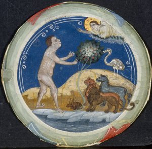 Medaille aus dem Rand einer lateinischen Bibel: Der sechste Schöpfungstag von Primo Miniatore di San Domenico