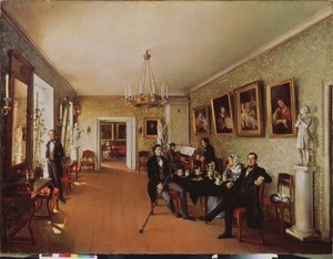 Eine Familienszene (Tägliche Aktivitäten zur Teestunde, einige spielen Klavier, andere hören zu, eine Frau im Hintergrund näht). Gemälde von Prokofi Jegorowitsch Puschkarjow (?-nach 1856) von Prokophy Egorovich Pushkaryev