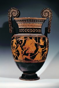 Attischer rotfiguriger Volutenkrater, verziert mit einer Szene von Schauspielern und Musikern, die sich auf eine Aufführung vorbereiten, Griechisch, aus Ruvo, 5. Jahrhundert v. Chr. von Pronomos Painter