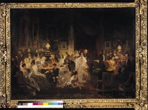 Emile Jean Horace Vernet (1789-1863) diskutiert die Erfindung des Daguerreotyps im Salon von Monsieur Irisson von Prosper Lafaye or Lafait