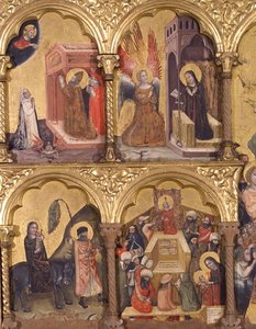 Polyptychon der Entschlafung der Jungfrau, (Detail) St. Gregor der Große betet für die Erlösung der Seele von Trajan, die Verkündigung, die Flucht nach Ägypten und Jesus mit den Ärzten von Pseudo Jacopino di Francesco