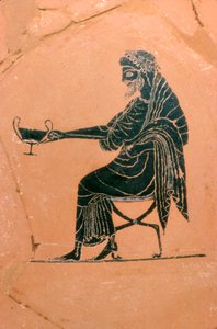 Detail von Dionysos sitzend, griechischer Teller, gemalt von Psiax