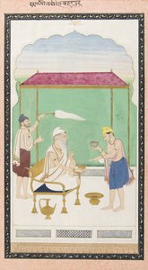 Ranjit Singh auf einem goldenen Stuhl, begleitet von einem Morchal-Träger