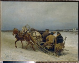 Troika im Winter (traditionelles russisches Gespann, gezogen von drei Pferden) - Pyotr Petrowitsch Sokolow, Öl auf Leinwand