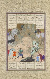 Das letzte Turnier der Türme: Gudarz gegen Piran, Folio 346r aus dem Shahnama, ca. 1525-30