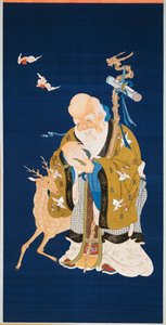 Großer Kesi-Hänger mit Shoulao, der einen Pfirsich hält, einen Wurzelholzstab mit Drachenkopf umarmt, neben einem Hirsch und zwei fliegenden Fledermäusen, 1796-1820 von Qing Dynasty Chinese School