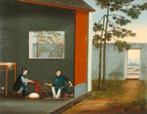 Zwei Frauen beim Spinnen von Qing Dynasty Chinese School