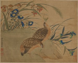 Zwei Wachteln, die Heuschrecken unter Blumen fressen