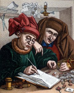 Geldverleiher. Diese Tätigkeit führte zur Entstehung von Banken. Illustration inspiriert von Metsys