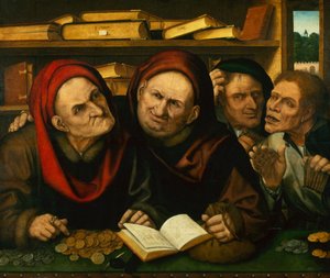 Bauern im Büro von zwei Steuereintreibern von Quentin (workshop of) Massys or Metsys