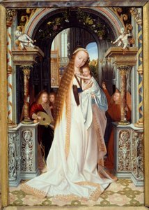 Jungfrau und Kind mit drei Engeln (Mittelteil eines Triptychons). Gemälde von Quentin Metsys (1466-1530) 1509 Lyon, Musée des Beaux Arts