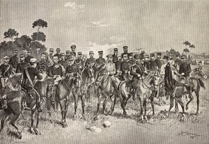 Offiziere ausländischer Armeen besuchen italienische Soldaten in der Lombardei, Italien, Gravur nach einer Zeichnung von Quinto Cenni, aus L