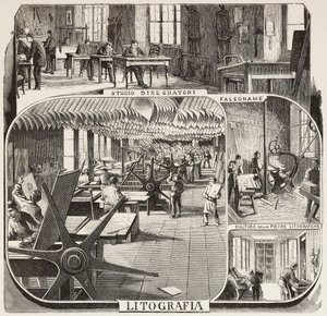 Fratelli Treves Verlag: Zeichnerstudie, Tischlerei, Reinigung von Lithografiesteinen, Lithografie, Mailand, Italien, Gravur nach einer Zeichnung von Quinto Cenni, aus L