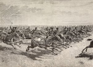 Pferdeartillerie der italienischen Armee im vollen Galopp, Lombardei, Italien, Gravur nach einer Zeichnung von Quinto Cenni, aus L