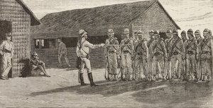 Italienische Soldaten stehen in Formation, Massawa, Eritrea, Gravur nach einer Zeichnung von Quinto Cenni und einer Skizze von Pieragostini, aus L