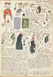 Militäruniformen zur Zeit der Cisalpinischen Republik von 1801. Farbtafel von Cenni Quinto von Quinto Cenni