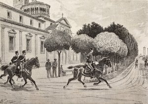 Soldaten zu Pferd passieren das Heiligtum Beata Vergine dei Miracoli, Saronno, Italien (Stich) von Quinto Cenni