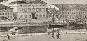 Das Rathaus und der Hafenkanal, Cesenatico, Italien (Stich)
