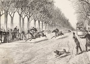 Drei Widerstandsoffiziere nehmen an einem Pferderennen teil, Drittes Savoyer Regiment, zwischen Mailand und Monza, Italien, Gravur nach einer Zeichnung von Quinto Cena, aus L