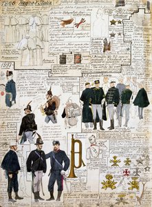 Uniformen des Königreichs Italien zwischen 1896 - 1897, Tafel aus dem Cenni-Codex, Sammlung militärischer Skizzen in Aquarell von Quinto Cenni