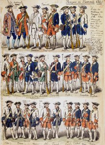 Uniformen der Truppen des Königreichs Piemont im Jahr 1744, Tafel aus dem Cenni-Codex, Sammlung militärischer Skizzen von Quinto Cenni