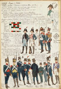 Verschiedene Uniformen des Königreichs Italien von 1807. Farbtafel von Cenni Quinto von Quinto Cenni