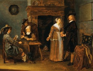 Lockere Gesellschaft, zwei Frauen und drei Männer am Kartentisch von Quirijn van Brekelenkam