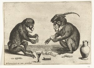 Zwei Affen spielen Karten (Verschiedene Szenen aus dem menschlichen Leben dargestellt durch Affen) (Das Affenspiel in der Welt)