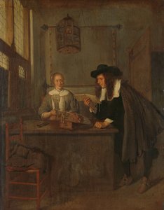 Innenraum mit Spitzenarbeiterin und einem Besucher